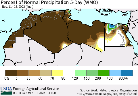 North Africa Percent of Normal Precipitation 5-Day (WMO) Thematic Map For 11/11/2022 - 11/15/2022