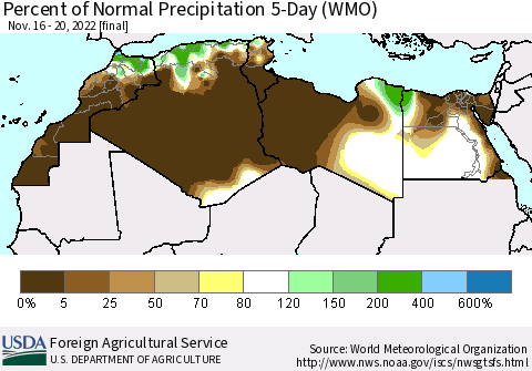 North Africa Percent of Normal Precipitation 5-Day (WMO) Thematic Map For 11/16/2022 - 11/20/2022