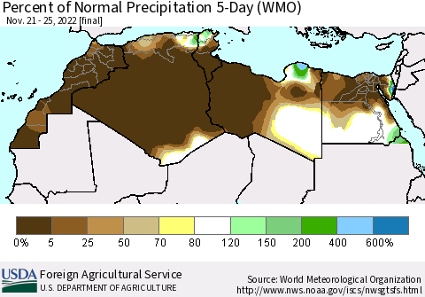 North Africa Percent of Normal Precipitation 5-Day (WMO) Thematic Map For 11/21/2022 - 11/25/2022