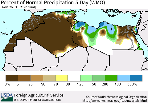 North Africa Percent of Normal Precipitation 5-Day (WMO) Thematic Map For 11/26/2022 - 11/30/2022