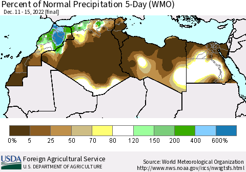 North Africa Percent of Normal Precipitation 5-Day (WMO) Thematic Map For 12/11/2022 - 12/15/2022