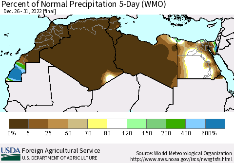 North Africa Percent of Normal Precipitation 5-Day (WMO) Thematic Map For 12/26/2022 - 12/31/2022