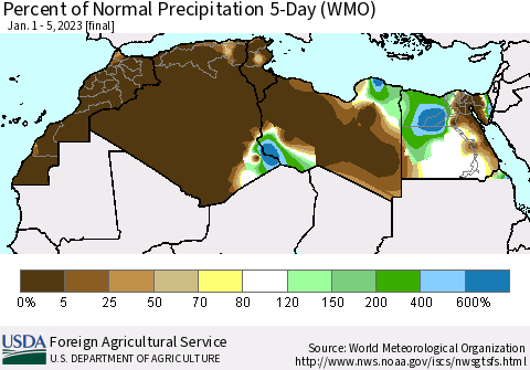 North Africa Percent of Normal Precipitation 5-Day (WMO) Thematic Map For 1/1/2023 - 1/5/2023