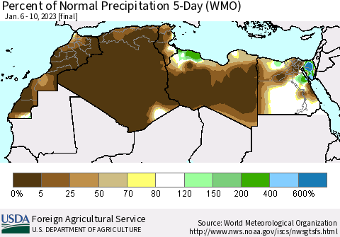 North Africa Percent of Normal Precipitation 5-Day (WMO) Thematic Map For 1/6/2023 - 1/10/2023