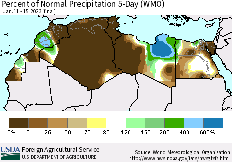 North Africa Percent of Normal Precipitation 5-Day (WMO) Thematic Map For 1/11/2023 - 1/15/2023
