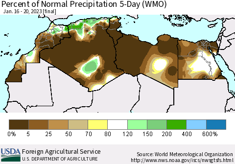 North Africa Percent of Normal Precipitation 5-Day (WMO) Thematic Map For 1/16/2023 - 1/20/2023