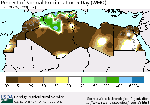 North Africa Percent of Normal Precipitation 5-Day (WMO) Thematic Map For 1/21/2023 - 1/25/2023