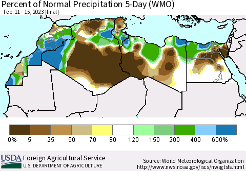 North Africa Percent of Normal Precipitation 5-Day (WMO) Thematic Map For 2/11/2023 - 2/15/2023