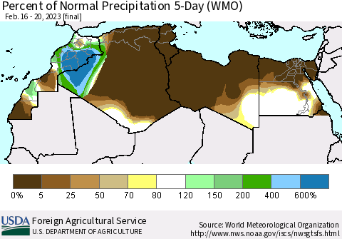 North Africa Percent of Normal Precipitation 5-Day (WMO) Thematic Map For 2/16/2023 - 2/20/2023