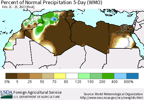 North Africa Percent of Normal Precipitation 5-Day (WMO) Thematic Map For 2/21/2023 - 2/25/2023