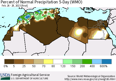 North Africa Percent of Normal Precipitation 5-Day (WMO) Thematic Map For 2/26/2023 - 2/28/2023