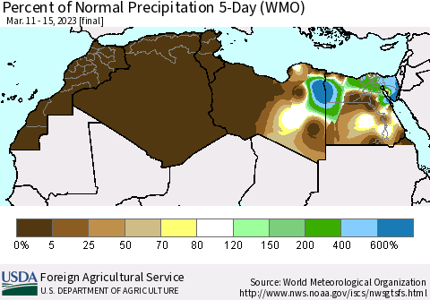 North Africa Percent of Normal Precipitation 5-Day (WMO) Thematic Map For 3/11/2023 - 3/15/2023