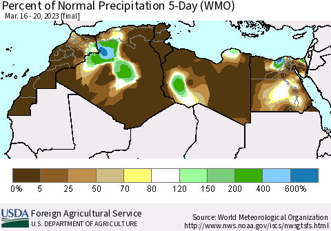 North Africa Percent of Normal Precipitation 5-Day (WMO) Thematic Map For 3/16/2023 - 3/20/2023