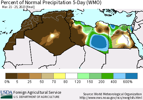 North Africa Percent of Normal Precipitation 5-Day (WMO) Thematic Map For 3/21/2023 - 3/25/2023