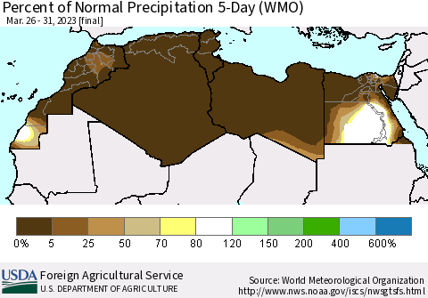 North Africa Percent of Normal Precipitation 5-Day (WMO) Thematic Map For 3/26/2023 - 3/31/2023