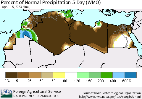 North Africa Percent of Normal Precipitation 5-Day (WMO) Thematic Map For 4/1/2023 - 4/5/2023
