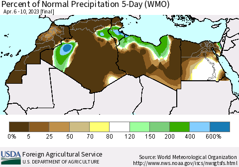 North Africa Percent of Normal Precipitation 5-Day (WMO) Thematic Map For 4/6/2023 - 4/10/2023