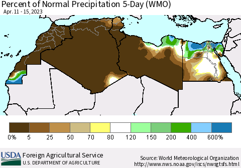North Africa Percent of Normal Precipitation 5-Day (WMO) Thematic Map For 4/11/2023 - 4/15/2023