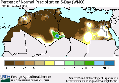 North Africa Percent of Normal Precipitation 5-Day (WMO) Thematic Map For 4/16/2023 - 4/20/2023
