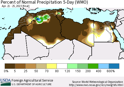North Africa Percent of Normal Precipitation 5-Day (WMO) Thematic Map For 4/21/2023 - 4/25/2023