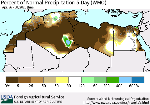 North Africa Percent of Normal Precipitation 5-Day (WMO) Thematic Map For 4/26/2023 - 4/30/2023