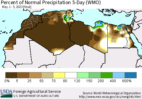 North Africa Percent of Normal Precipitation 5-Day (WMO) Thematic Map For 5/1/2023 - 5/5/2023