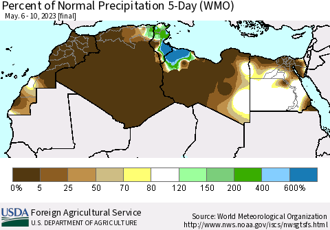 North Africa Percent of Normal Precipitation 5-Day (WMO) Thematic Map For 5/6/2023 - 5/10/2023