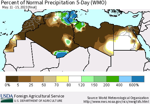 North Africa Percent of Normal Precipitation 5-Day (WMO) Thematic Map For 5/11/2023 - 5/15/2023