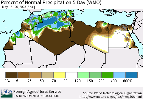 North Africa Percent of Normal Precipitation 5-Day (WMO) Thematic Map For 5/16/2023 - 5/20/2023