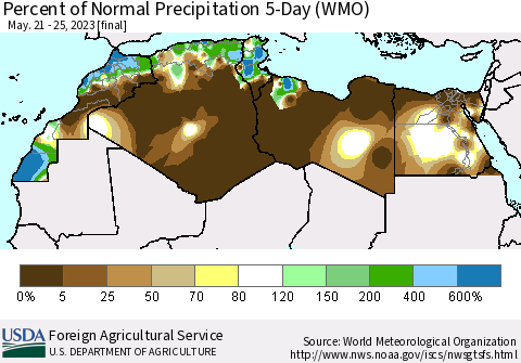 North Africa Percent of Normal Precipitation 5-Day (WMO) Thematic Map For 5/21/2023 - 5/25/2023
