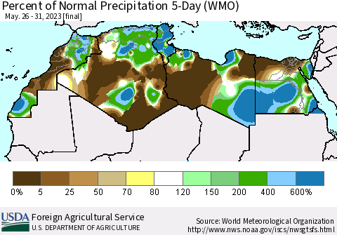 North Africa Percent of Normal Precipitation 5-Day (WMO) Thematic Map For 5/26/2023 - 5/31/2023