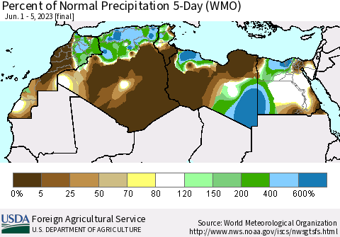 North Africa Percent of Normal Precipitation 5-Day (WMO) Thematic Map For 6/1/2023 - 6/5/2023