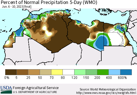 North Africa Percent of Normal Precipitation 5-Day (WMO) Thematic Map For 6/6/2023 - 6/10/2023