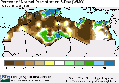 North Africa Percent of Normal Precipitation 5-Day (WMO) Thematic Map For 6/11/2023 - 6/15/2023