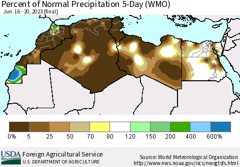 North Africa Percent of Normal Precipitation 5-Day (WMO) Thematic Map For 6/16/2023 - 6/20/2023