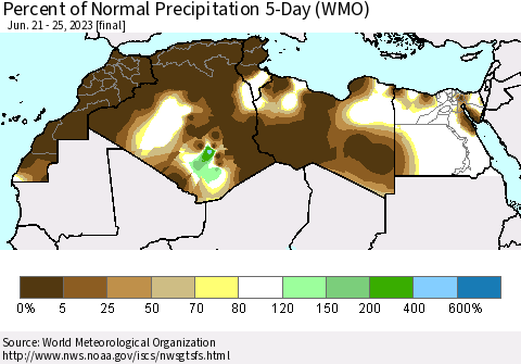 North Africa Percent of Normal Precipitation 5-Day (WMO) Thematic Map For 6/21/2023 - 6/25/2023