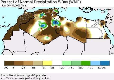 North Africa Percent of Normal Precipitation 5-Day (WMO) Thematic Map For 6/26/2023 - 6/30/2023