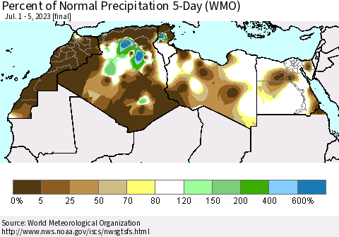 North Africa Percent of Normal Precipitation 5-Day (WMO) Thematic Map For 7/1/2023 - 7/5/2023