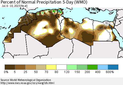 North Africa Percent of Normal Precipitation 5-Day (WMO) Thematic Map For 7/6/2023 - 7/10/2023
