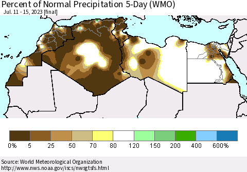 North Africa Percent of Normal Precipitation 5-Day (WMO) Thematic Map For 7/11/2023 - 7/15/2023