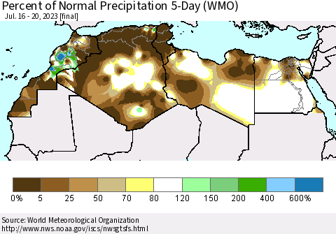 North Africa Percent of Normal Precipitation 5-Day (WMO) Thematic Map For 7/16/2023 - 7/20/2023