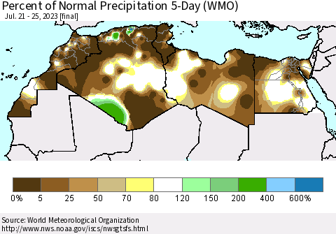 North Africa Percent of Normal Precipitation 5-Day (WMO) Thematic Map For 7/21/2023 - 7/25/2023