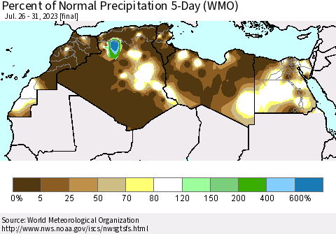 North Africa Percent of Normal Precipitation 5-Day (WMO) Thematic Map For 7/26/2023 - 7/31/2023
