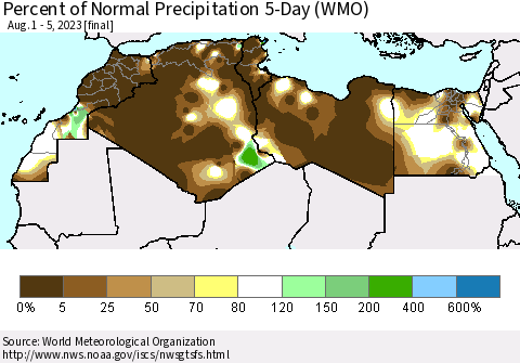 North Africa Percent of Normal Precipitation 5-Day (WMO) Thematic Map For 8/1/2023 - 8/5/2023