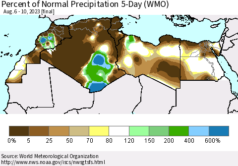 North Africa Percent of Normal Precipitation 5-Day (WMO) Thematic Map For 8/6/2023 - 8/10/2023