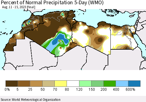 North Africa Percent of Normal Precipitation 5-Day (WMO) Thematic Map For 8/11/2023 - 8/15/2023