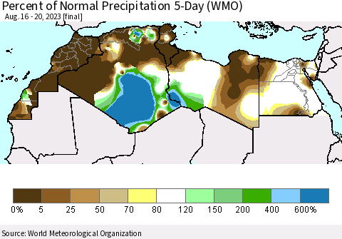North Africa Percent of Normal Precipitation 5-Day (WMO) Thematic Map For 8/16/2023 - 8/20/2023