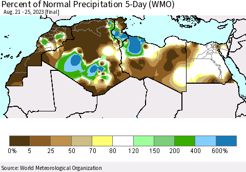 North Africa Percent of Normal Precipitation 5-Day (WMO) Thematic Map For 8/21/2023 - 8/25/2023