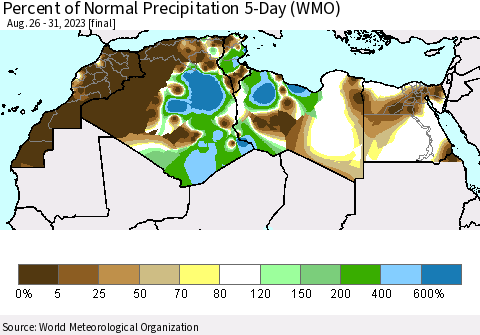 North Africa Percent of Normal Precipitation 5-Day (WMO) Thematic Map For 8/26/2023 - 8/31/2023