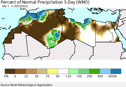 North Africa Percent of Normal Precipitation 5-Day (WMO) Thematic Map For 9/1/2023 - 9/5/2023